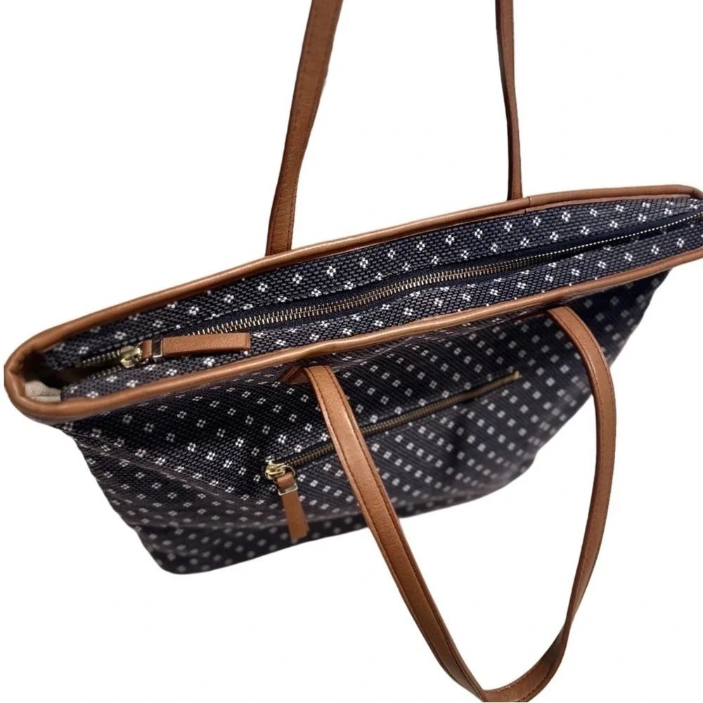 Talbots Woven Large Zip Tote Faux Leather Trimmed Nautical Blue White Dots EUC